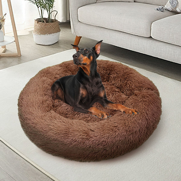 Pet Dog Warm Plush Round Comfortable Nest Light Coffee Large 90Cm Pet Beds