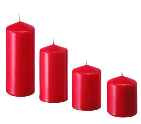 4 Pack Red Wax Pillar Advent Candles Xmas Wedding Party Table Room Centrepiece Decor Graduated Sized 6 To 15Cm High Seasonal Decorations