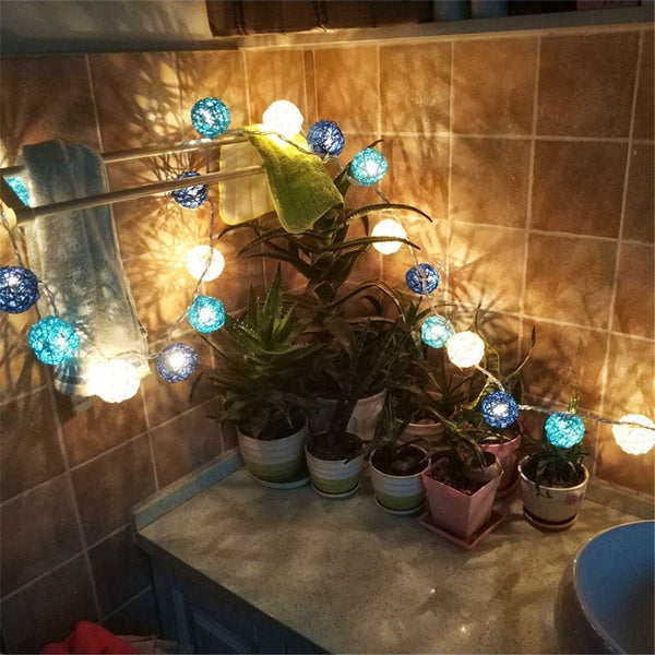 3M Of Blue N White 5Cm Rattan Cane 20 Ball Battery Poweredstring Lights Christmas Gift Home Wedding Party Bedroom Decoration Table Centrepiece Seasona