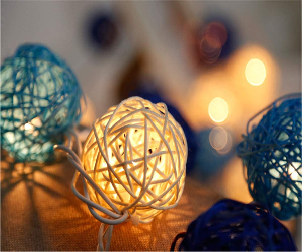 3M Of Blue N White 5Cm Rattan Cane 20 Ball Battery Poweredstring Lights Christmas Gift Home Wedding Party Bedroom Decoration Table Centrepiece Seasona