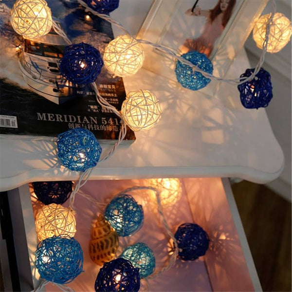 5M Of Blue N White 5Cm Rattan Cane 50 Ball Battery Powered Longstring Lights Christmas Gift Home Wedding Party Bedroom Decoration Table Centrepiece Se
