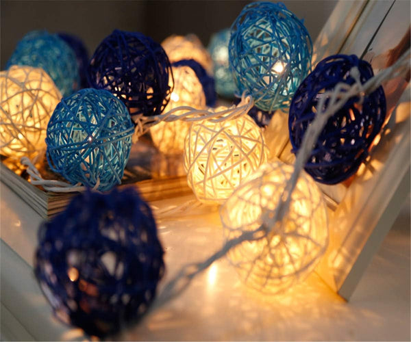 5M Of Blue N White 5Cm Rattan Cane 50 Ball Battery Powered Longstring Lights Christmas Gift Home Wedding Party Bedroom Decoration Table Centrepiece Se