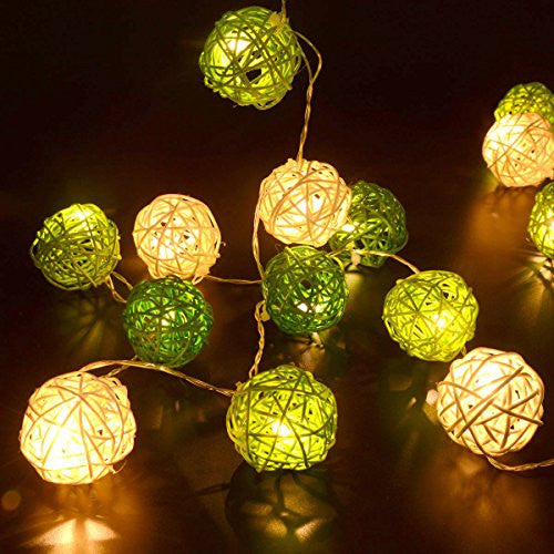 Green White 5Cm Rattan Cane 20 Ball Battery Powered 3M String Lights Home Wedding Party Decor Seasonal Decorations