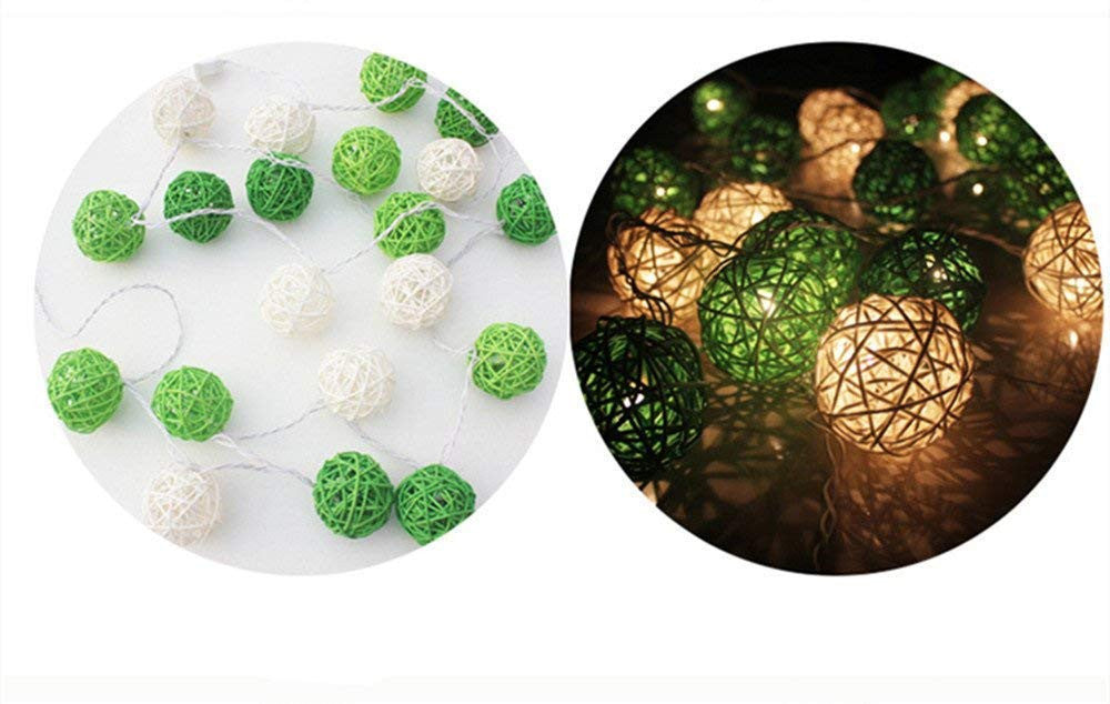 Green White 5Cm Rattan Cane 20 Ball Battery Powered 3M String Lights Home Wedding Party Decor Seasonal Decorations