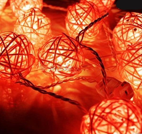 Orange Rattan Cane 20 Ball Battery Powered 3M String Lights Christmas Wedding Bedroom Party Table Centrepiece Decoration Seasonal Decorations