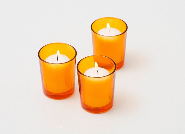 My Decorations 20 Pack Orange Glass Votive Tealight Candle Holders House Party Cenrepiece Xmas Wedding Candlestick Bridal Shower Event Candle Holders