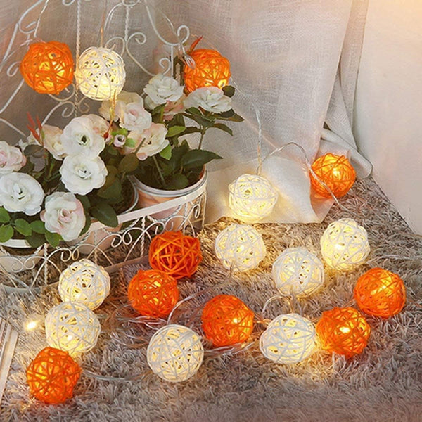 Orange White 5Cm Rattan Cane 20 Ball Battery Powered 3M String Lights Christmas Wedding Party Bedroom Table Decoration Seasonal Decorations
