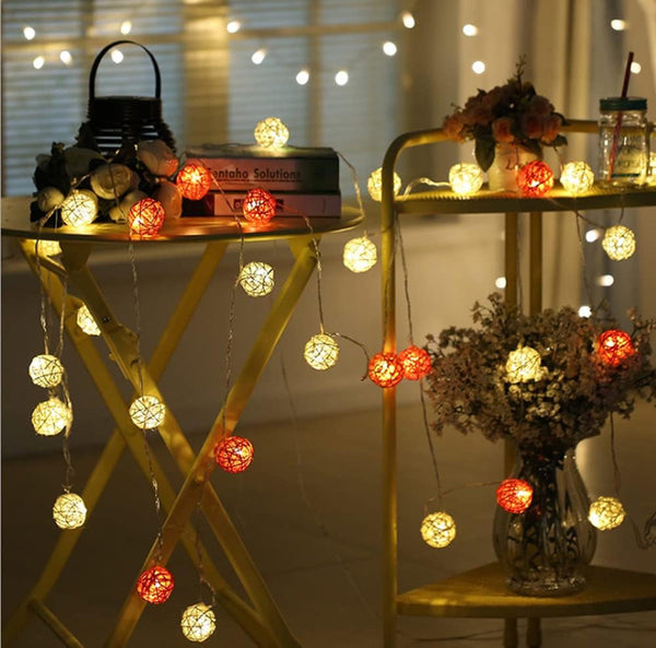 Orange White 5Cm Rattan Cane 20 Ball Battery Powered 3M String Lights Christmas Wedding Party Bedroom Table Decoration Seasonal Decorations