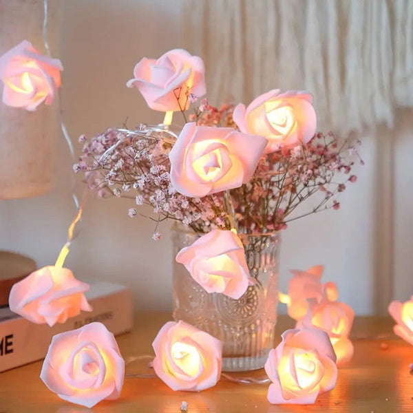 Pink Rose 3D String Lights Battery Operated Indoor Outdoor Party Wedding Decoration_20Leds Seasonal Decorations