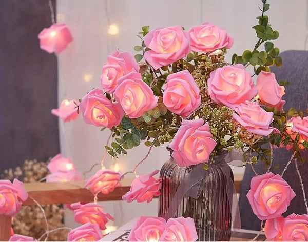 Pink Rose 3D String Lights Battery Operated Indoor Outdoor Party Wedding Decoration_20Leds Seasonal Decorations