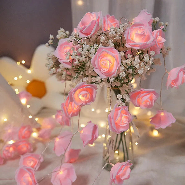 Pink Rose 3D String Lights Battery Operated Indoor Outdoor Party Wedding Decoration_20Leds Seasonal Decorations