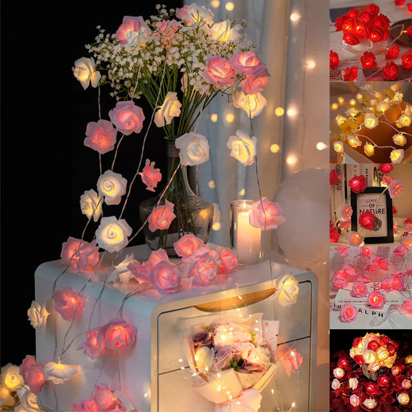 Pink And White Rose 3D Battery Operated Indoor Outdoor Home Lighting_20Leds String Lights
