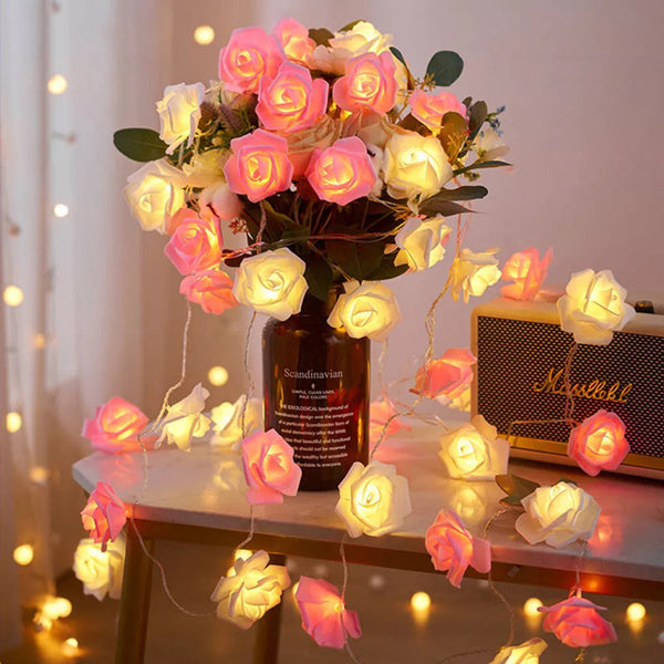 My Decorations Pink And White Rose Battery Operated Indoor Outdoor Home Lighting_50Leds String Lights