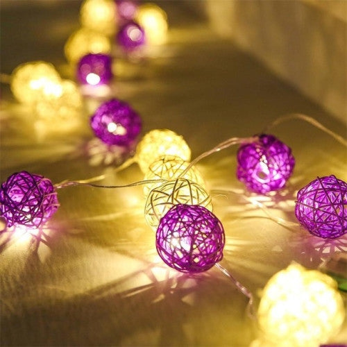 1 Set Of Purple N White 5Cm Rattan Cane 20 Ball Battery Powered 3M String Lights Christmas Gift Home Wedding Party Bedroom Decoration Table Centrepiec