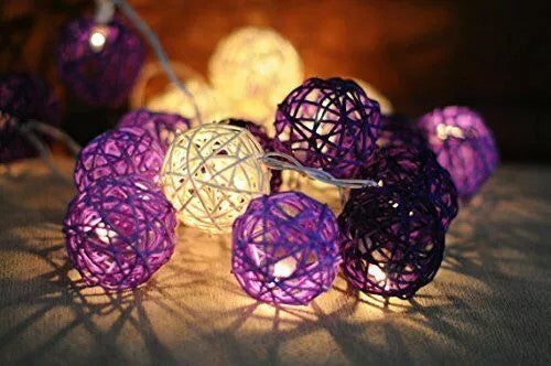1 Set Of Purple N White 5Cm Rattan Cane 50 Ball Battery Powered Long 5M String Lights Christmas Gift Home Wedding Party Bedroom Decoration Table Centr