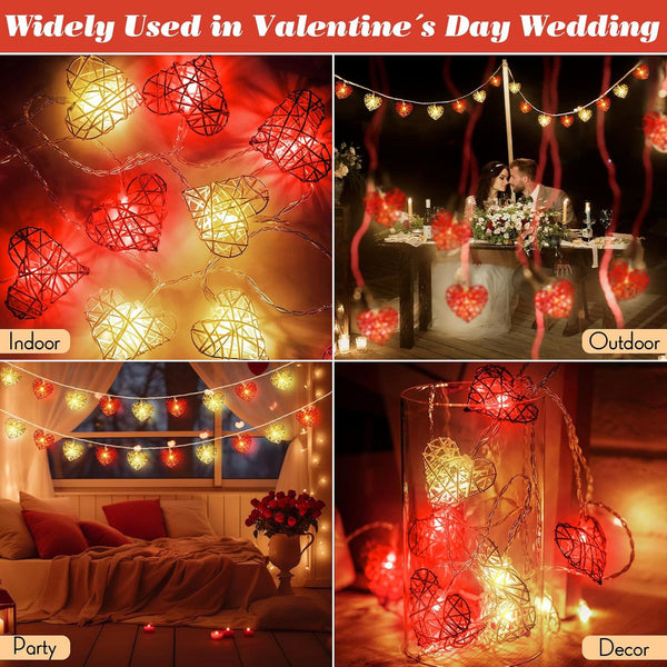 20 Red White 3D Hollow Rattan Heart String Fairy Lights 3M Battery Indoor Outdoor String Lights