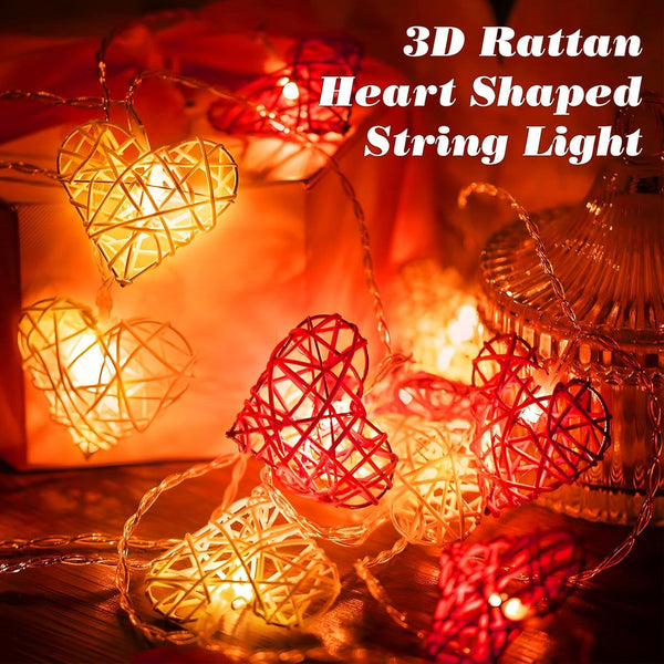 20 Red White 3D Hollow Rattan Heart String Fairy Lights 3M Battery Indoor Outdoor String Lights