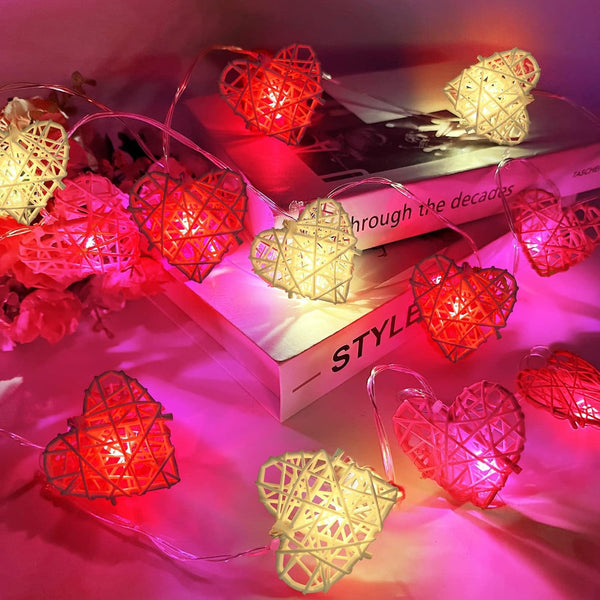 20 Red White 3D Hollow Rattan Heart String Fairy Lights 3M Battery Indoor Outdoor String Lights
