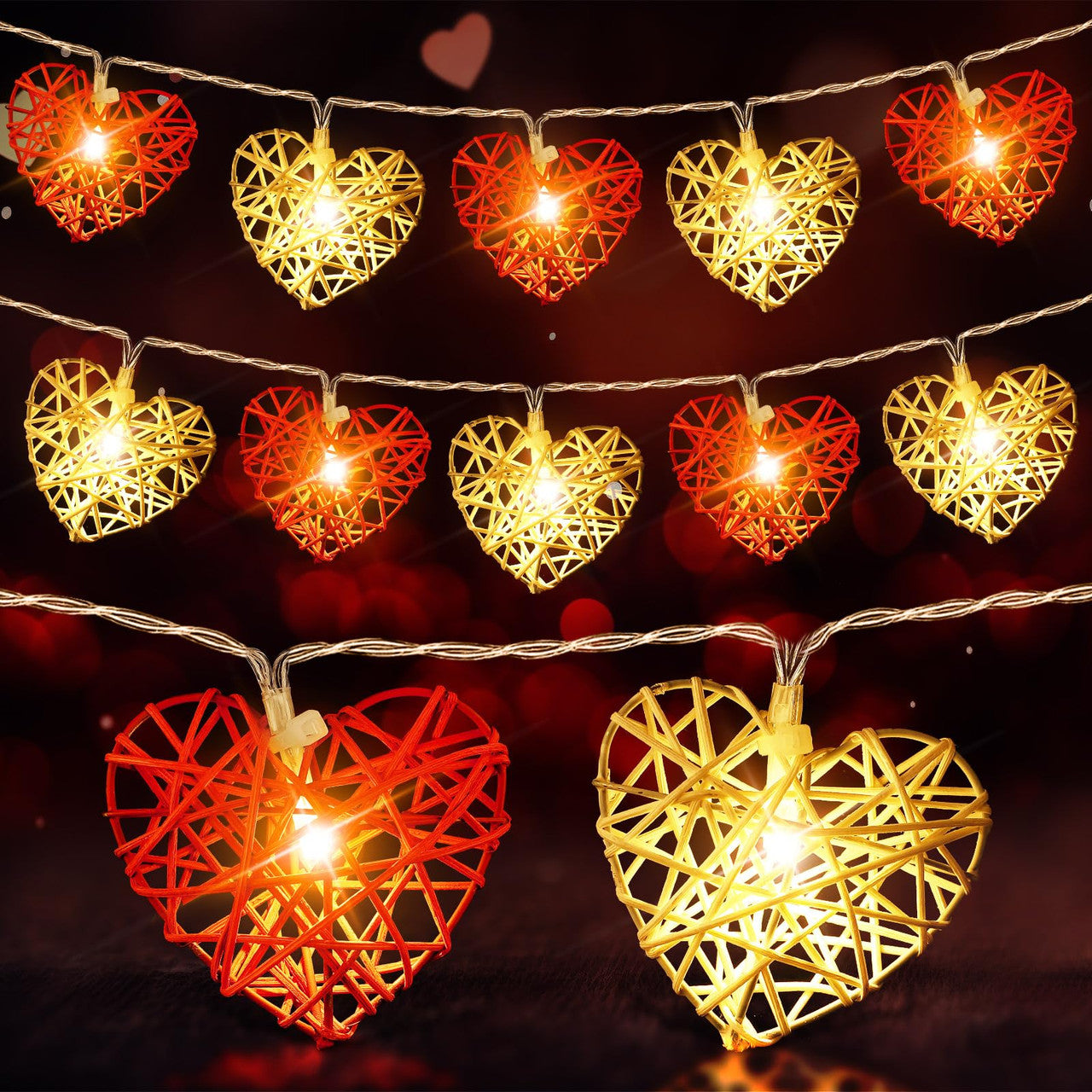50 Rattan 3D Red White Heart 5M Battery Indoor Outdoor Decor String Lights