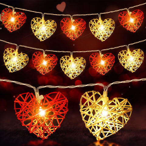 50 Rattan 3D Red White Heart 5M Battery Indoor Outdoor Decor String Lights