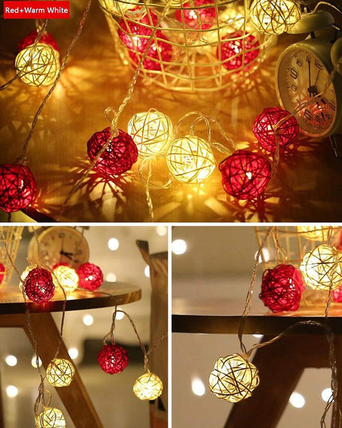Red White 5Cm Rattan Cane 50 Ball Battery Powered 5M String Lights Christmas Gift Home Party Bedroom Decoration Table Centrepiece Seasonal Decorations