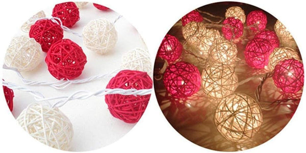 Red White 5Cm Rattan Cane 50 Ball Battery Powered 5M String Lights Christmas Gift Home Party Bedroom Decoration Table Centrepiece Seasonal Decorations