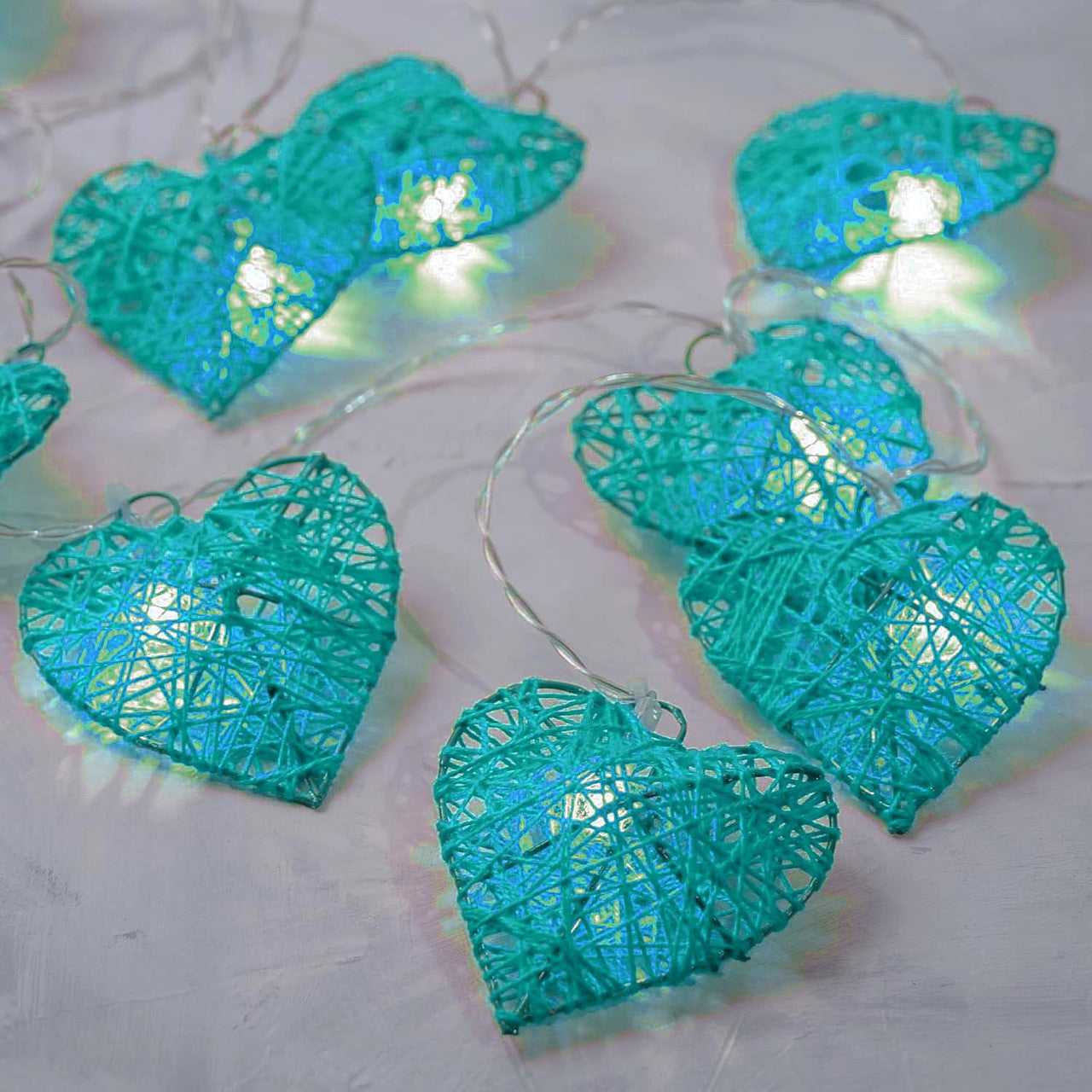 50 Turquoise 3D Rattan Heart 5M Battery Indoor Outdoor Party Decor String Lights