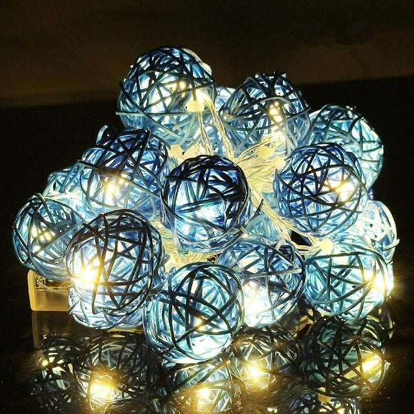 Turquoise Blue 50 Ball Rattan String Lights 5M Battery Operated Led Decor For Home Parties And Events Seasonal Decorations