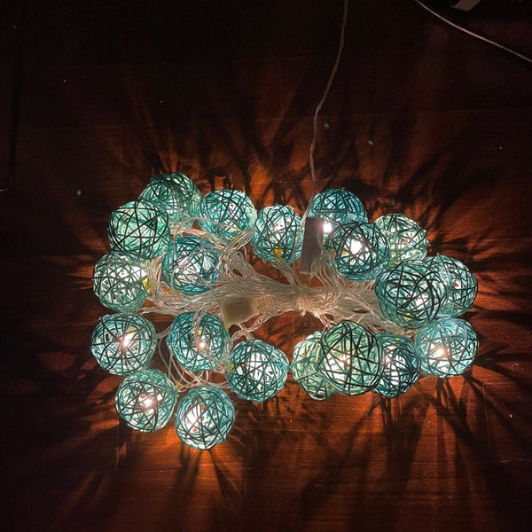 Turquoise Blue 50 Ball Rattan String Lights 5M Battery Operated Led Decor For Home Parties And Events Seasonal Decorations