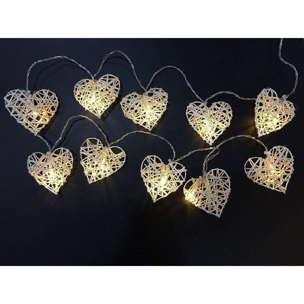 20 White 3D Hollow Rattan Heart String Fairy Lights 3M Battery Indoor Outdoor String Lights