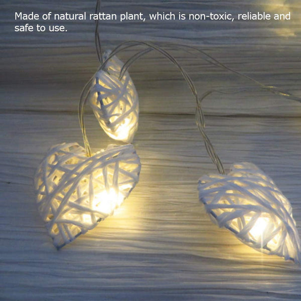 20 White 3D Hollow Rattan Heart String Fairy Lights 3M Battery Indoor Outdoor String Lights