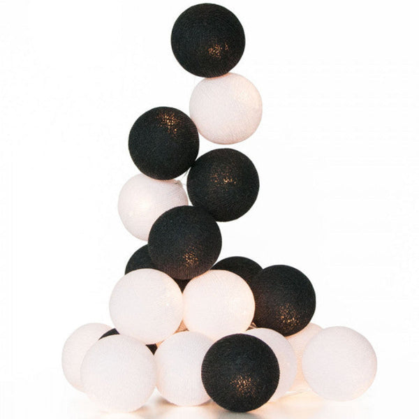 20 Led Black & White Cotton Ball String Lights 5Cm Battery Powered 3M Seasonal Decorations