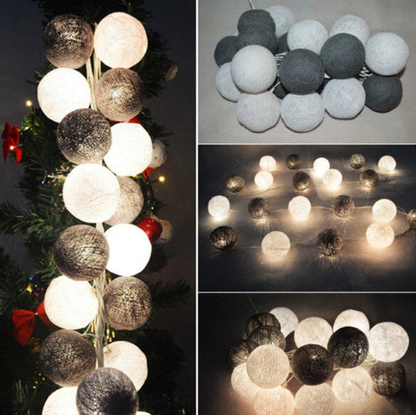 20 Led Black & White Cotton Ball String Lights 5Cm Battery Powered 3M Seasonal Decorations
