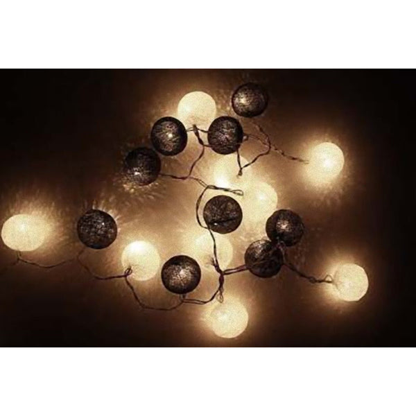 20 Led Black & White Cotton Ball String Lights 5Cm Battery Powered 3M Seasonal Decorations