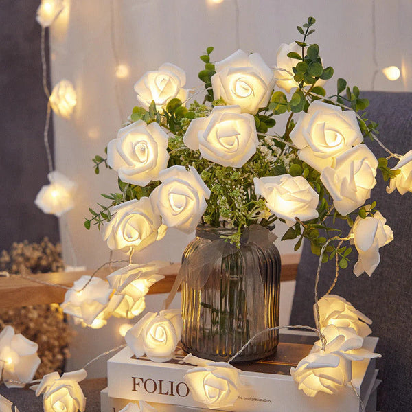 50 White Rose 3D Fairy Lights 5M Battery String Indoor Outdoor Wedding Decor String Lights