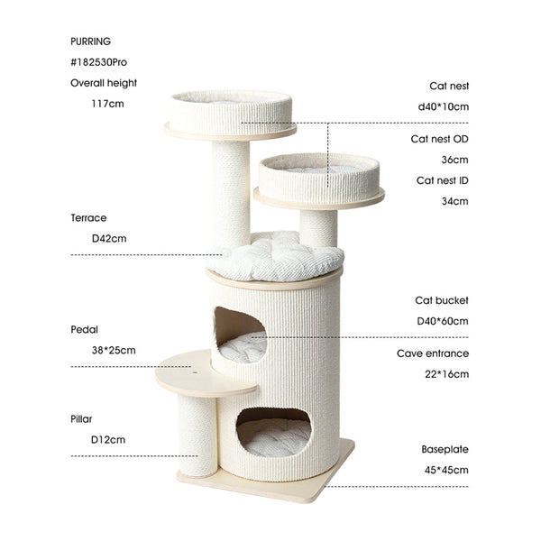 Honeypotcat Purring Multi Level Sisal Barrel Cat Tower Pro 117Cm Cat Houses