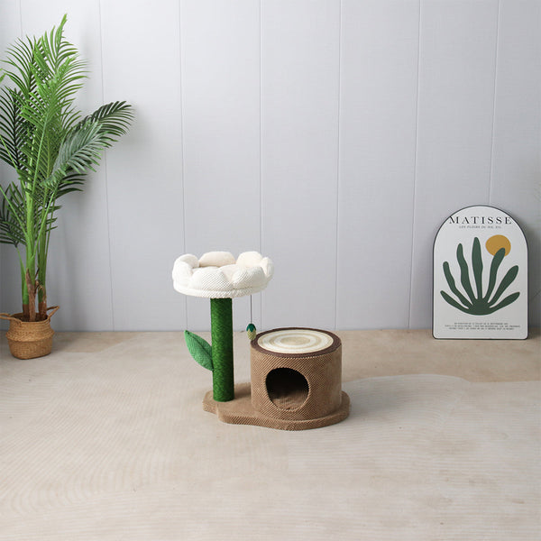 Catio Log House With White Camelia Scratching Tree Furniture & Scratchers