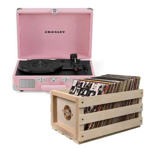 Crosley Cruiser Bluetooth Portable Turntable Blush Pink + Bundled Record Storage Crate Turntables