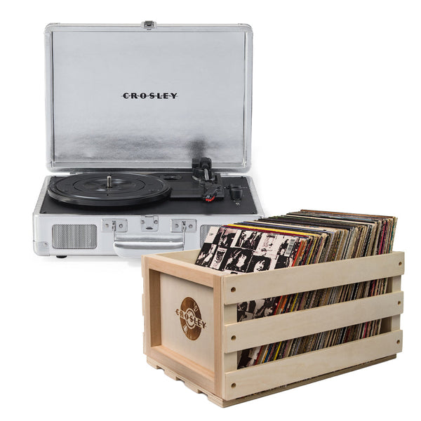 Crosley Cruiser Bluetooth Portable Turntable Silver + Bundled Record Storage Crate Turntables