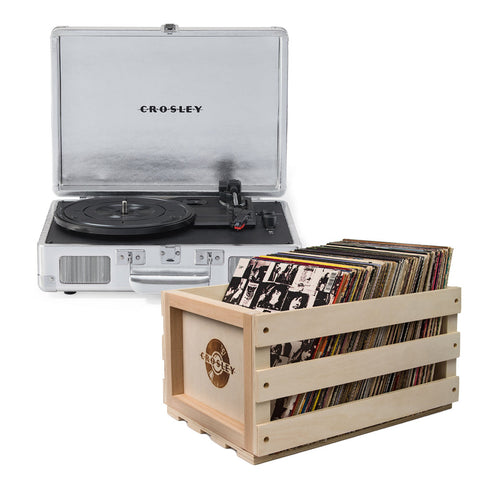 Crosley Cruiser Bluetooth Portable Turntable Silver + Bundled Record Storage Crate Turntables
