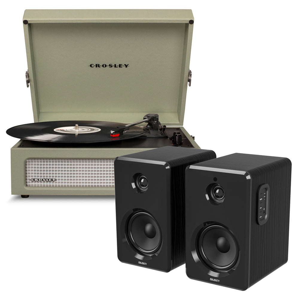 Crosley Voyager Bluetooth Portable Turntable Sage + Bundled Majority D40 Speakers Black Turntables