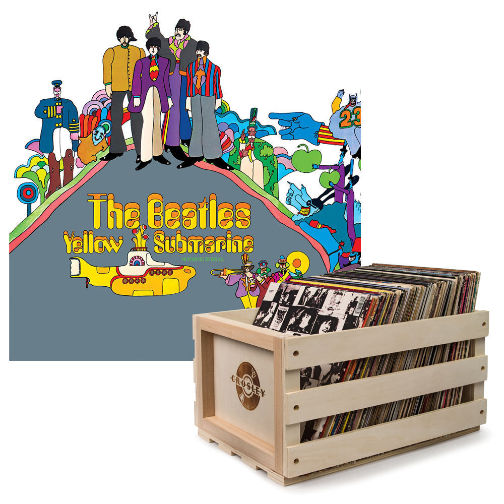 Crosley Record Storage Crate & The Beatles Yellow Submarine Vinyl Album Bundle Storage Boxes