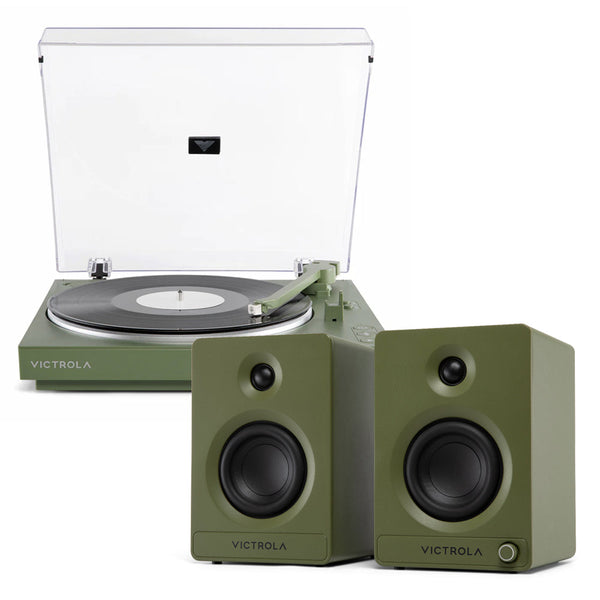 Victrola Automatic Turntable + Tempo Bookshelf Speakers Bundle Green Turntables