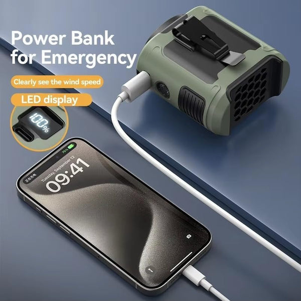 10000Mah Outdoor Waist Fan Hanging Neck Strong Wind With Power Bank Led Lighting For Emergency Sports Working (Green) Portable Fans