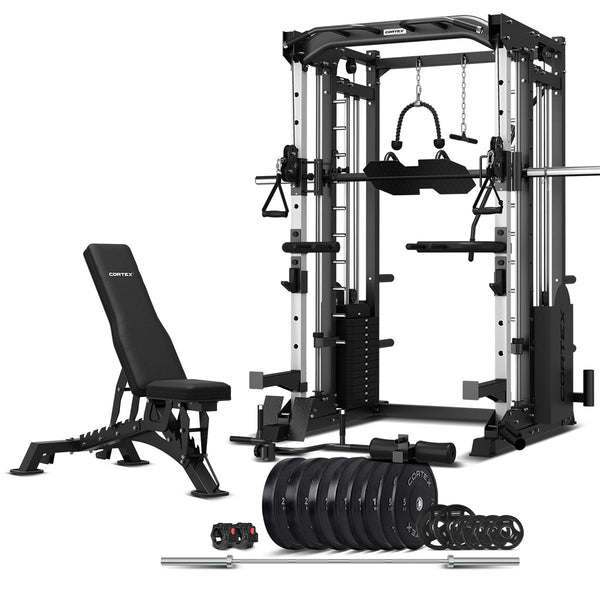 Cortex Sm 25 6 In 1 Power Rack With Smith & Cable Machine + Bn 9 Bench 130Kg Olympic Bumper Weight Plate Barbell Package Weights Benches