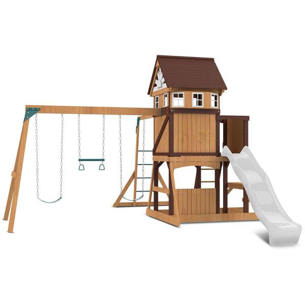 Lifespan Kids Meer Brook Swing Set Monkey Bars & Play Centre With 2.2M Slide (White) Outdoor Play Sets