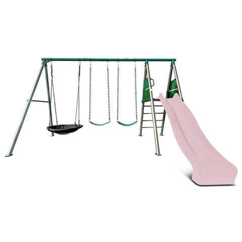 Lifespan Kids Europa Commercial Grade Steel Swing Set With Climb & 2.2M Slide (Pastel Pink) Outdoor Play Sets