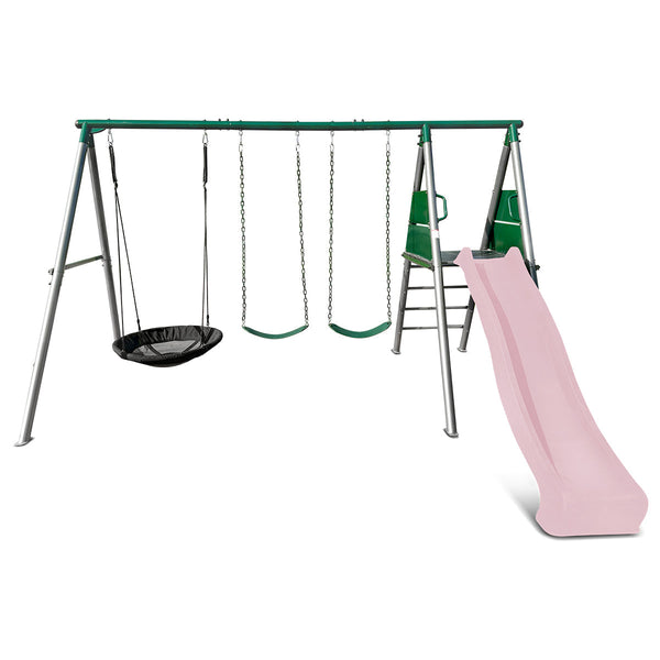 Lifespan Kids Europa Commercial Grade Steel Swing Set With Climb & 2.2M Slide (Pastel Pink) Outdoor Play Sets