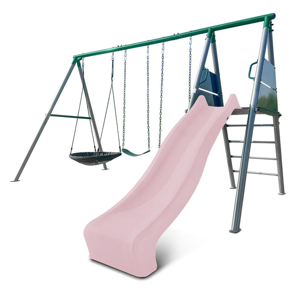 Lifespan Kids Europa Commercial Grade Steel Swing Set With Climb & 2.2M Slide (Pastel Pink) Outdoor Play Sets