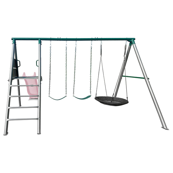 Lifespan Kids Europa Commercial Grade Steel Swing Set With Climb & 2.2M Slide (Pastel Pink) Outdoor Play Sets